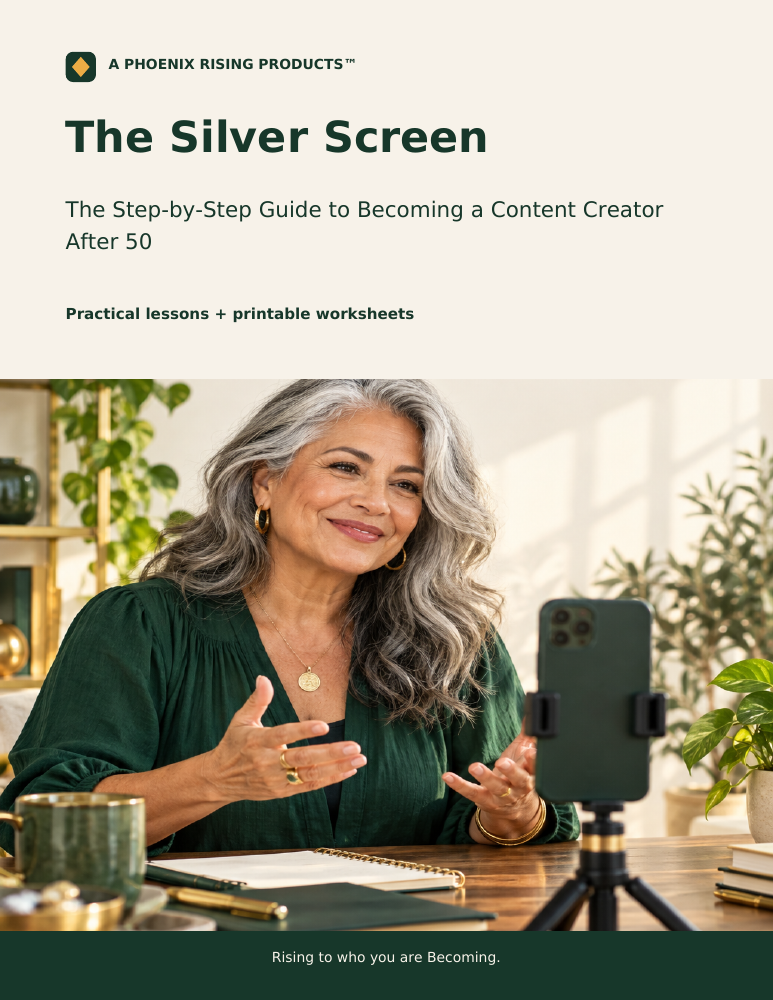 The Silver Screen PDF cover, mature creator filming with a smartphone